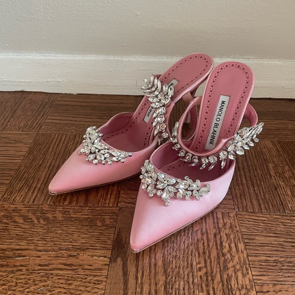 Manolo blahnik lurum 90 crystal embellished satin mules heels - Picture 3 of 11